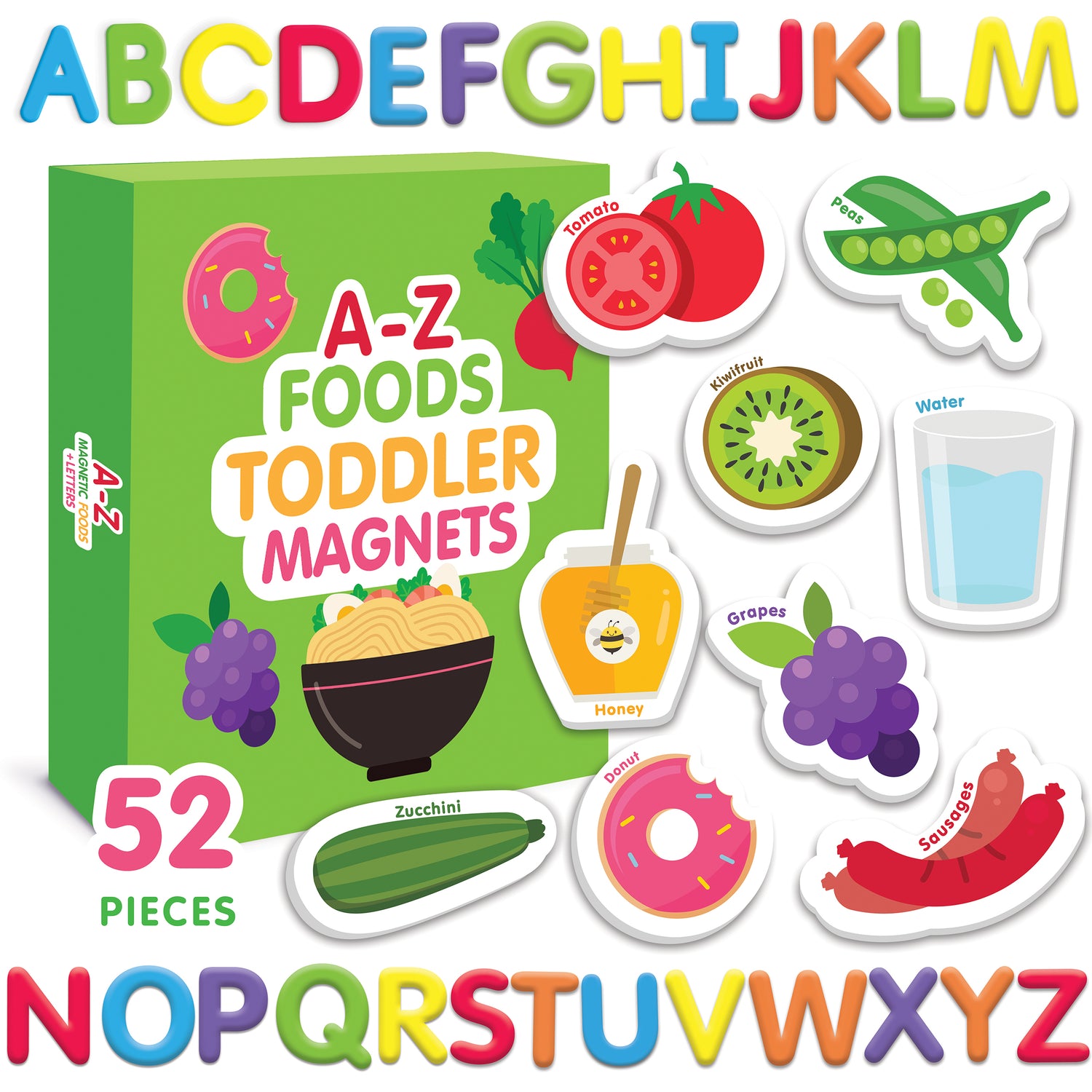 Curious Columbus Magnetic Foods and Letters – 52 Piece Alphabet &amp; Food Magnet Set