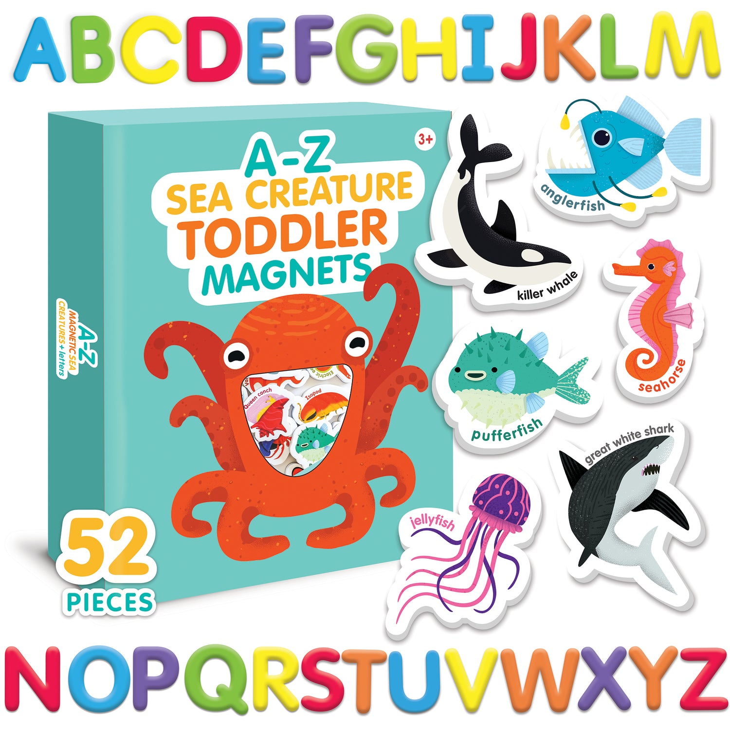 Curious Columbus Magnetic Sea Creatures and Letters – 52 Piece Alphabet &amp; Ocean Magnet Set
