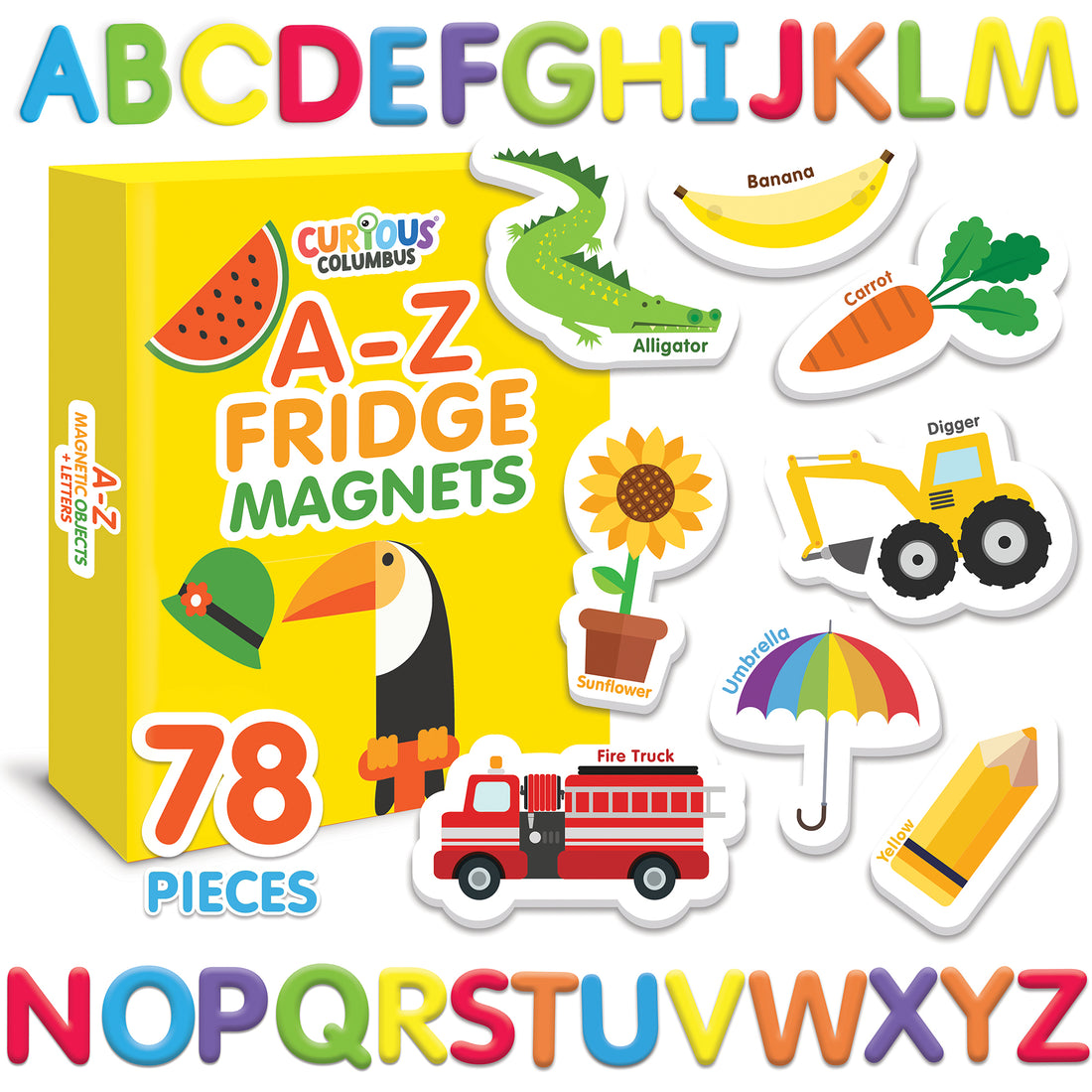 Curious Columbus Magnetic Objects and Letters – 78 Piece Alphabet & Object Magnet Set