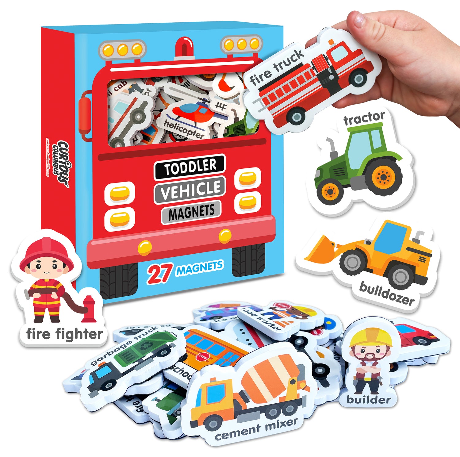 Curious Columbus Magnetic Vehicles – 27pc Fridge Magnets for Toddlers, Baby &amp; Kids