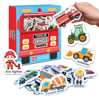 Curious Columbus Magnetic Vehicles – 27pc Fridge Magnets for Toddlers, Baby &amp; Kids