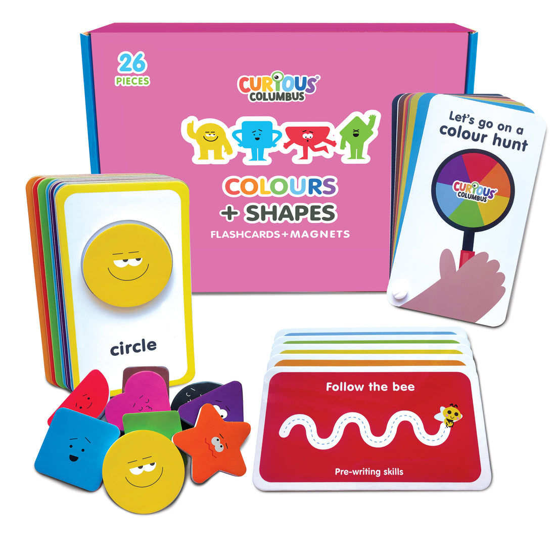 Curious Columbus Flashcards & Magnetic Colours and Shapes – 26 Piece Learning Set