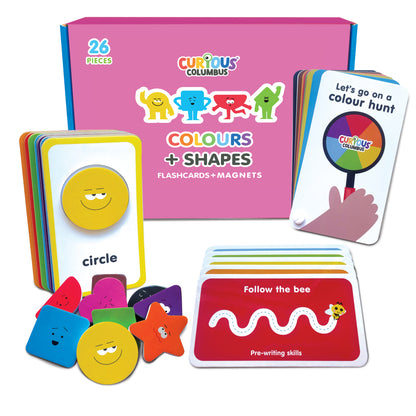 Curious Columbus Flashcards &amp; Magnetic Colours and Shapes – 26 Piece Learning Set