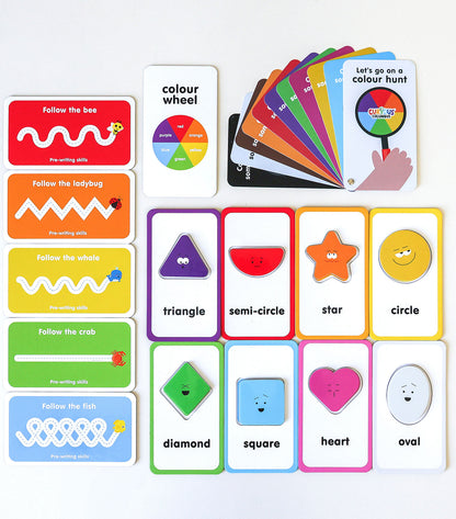 Educational cards for learning colors, shapes, and pre-writing activities on a white background.