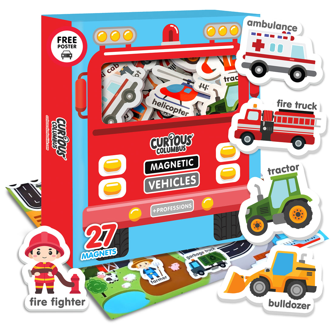 Curious Columbus Magnetic Vehicles – 27pc Fridge Magnets for Toddlers, Baby &amp; Kids