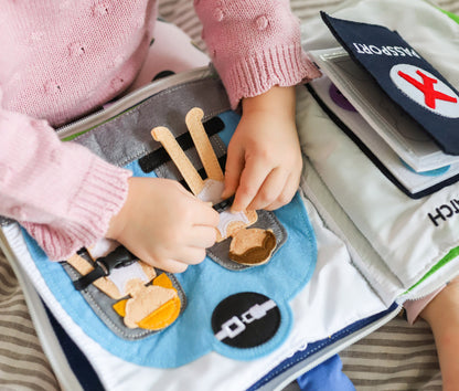 Curious Columbus Fabric Activity Book – Away We Go – Interactive Soft Travel Book